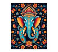 Wall Art Print Decorated Indian Elephant with Flower Pattern Vibrant Blue Orange Hindu Floral Design Poster Artery8 Multi W24 inch x H32 inch