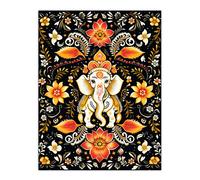 Artery8 Wall Art Print Decorated Indian Elephant with Flower Patterns Vibrant Ornate Floral Design Orange & White on Black Poster | Size: W12" x H16" Artery8 Multicolor W12" x H16"