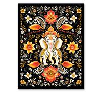 Artery8 Wall Art Print Decorated Indian Elephant with Flower Patterns Vibrant Ornate Floral Design Orange & White on Black Artwork Framed Artery8 Multicolor W12" x H16"