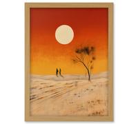 Wall Art Print Desert Landscape Sunset Sun Oil Painting Amber Orange Yellow Windswept Dunes Artwork Framed A4 Artery8 Light Oak A4