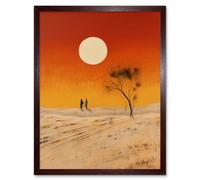 Artery8 Wall Art Print Desert Landscape Sunset Sun Oil Painting Amber Orange Yellow Windswept Dunes Art Framed in Brown | Size: W12" x H16" Artery8 Brown W12" x H16"