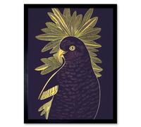 Artery8 Wall Art Print Detailed Stylish Dark Deep Purple Yellow Gold Parrot Tropical Plant Art Framed in Black | Size: W12" x H16" Artery8 Black W12" x H16"