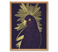 Artery8 Wall Art Print Detailed Stylish Dark Deep Purple Yellow Gold Parrot Tropical Plant Art Framed in Light Oak | Size: W12" x H16" Artery8 Light Oak W12" x H16"