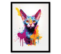 Artery8 Wall Art Print Devon Rex Cat Lover Gift Pet Portrait Purple Blue Orange Artwork Painting Art Framed | Size: W12" x H16" Artery8 Multicolor W12" x H16"