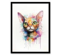 Artery8 Wall Art Print Devon Rex Cat Lovers Gift Watercolour Pet Portrait Painting Artwork Art Framed | Size: W12" x H16" Artery8 Multicolor W12" x H16"