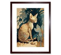 Artery8 Wall Art Print Devon Rex Cat with Flower Pattern Fur Modern Artwork Framed 9X7 Inch in Brown | Size: W7" x H9" Artery8 Brown W7" x H9"