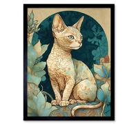 Artery8 Wall Art Print Devon Rex Cat with Pattern Fur Art Nouveau Modern Art Framed in Black | Size: W12" x H16" Artery8 Black W12" x H16"