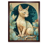 Artery8 Wall Art Print Devon Rex Cat with Pattern Fur Art Nouveau Modern Art Framed in Brown | Size: W12" x H16" Artery8 Brown W12" x H16"