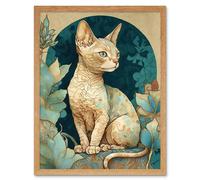 Artery8 Wall Art Print Devon Rex Cat with Pattern Fur Art Nouveau Modern Art Framed in Light Oak | Size: W12" x H16" Artery8 Light Oak W12" x H16"