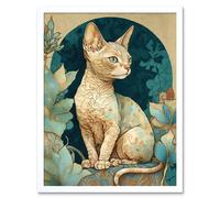 Artery8 Wall Art Print Devon Rex Cat with Pattern Fur Art Nouveau Modern Art Framed in White | Size: W12" x H16" Artery8 White W12" x H16"