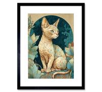 Artery8 Wall Art Print Devon Rex Cat with Pattern Fur Art Nouveau Modern Artwork Framed 9X7 Inch in Black | Size: W7" x H9" Artery8 Black W7" x H9"