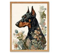 Artery8 Wall Art Print Doberman Dog with Wild Flowers Boho Watercolour Art Framed in Light Oak | Size: W12" x H16" Artery8 Light Oak W12" x H16"