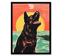 Artery8 Dog Barking At The Moon Linocut Coral Pink And Turquoise Risograph Seascape Artwork Framed Wall Art Print A4