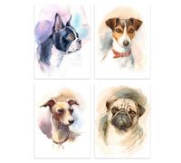 Artery8 Wall Art Print Dog Watercolour Paintings Pug Jack Russell Greyhound Boston Terrier Set Of 4 s Living Room Bedroom Aesthetic A4 Artery8 Multicolor A4