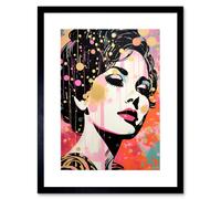 Artery8 Wall Art Print Don't Burst My Bubble Female Glam Aesthetic Portrait Pink Blue Gold Linocut Teen Room Artwork Framed 9X7 Inch Artery8 Black W7" x H9"