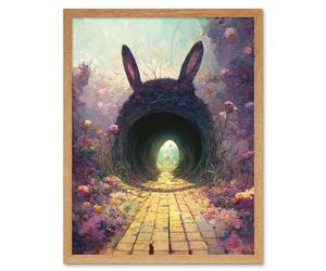 Artery8 Wall Art Print Down The Rabbit Hole Alice In Wonderland Easter Bunny Tunnel Art Framed in Light Oak | Size: W12" x H16" Artery8 Light Oak W12" x H16"