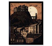 Artery8 Wall Art Print Dramatic Full Moon Rising Behind Edinburgh Castle Art Framed in Black | Size: W12" x H16" Artery8 Black W12" x H16"