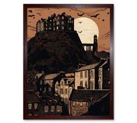 Artery8 Wall Art Print Dramatic Full Moon Rising Behind Edinburgh Castle Art Framed in Brown | Size: W12" x H16" Artery8 Brown W12" x H16"
