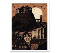 Artery8 Wall Art Print Dramatic Full Moon Rising Behind Edinburgh Castle Art Framed in White | Size: W12" x H16" Artery8 White W12" x H16"