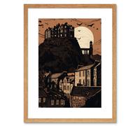 Artery8 Wall Art Print Dramatic Full Moon Rising Behind Edinburgh Castle Artwork Framed 9X7 Inch in Beige | Size: W7" x H9" Artery8 Beige W7" x H9"