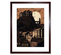 Artery8 Wall Art Print Dramatic Full Moon Rising Behind Edinburgh Castle Artwork Framed 9X7 Inch in Brown | Size: W7" x H9" Artery8 Brown W7" x H9"