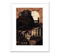 Artery8 Wall Art Print Dramatic Full Moon Rising Behind Edinburgh Castle Artwork Framed 9X7 Inch in White | Size: W7" x H9" Artery8 White W7" x H9"