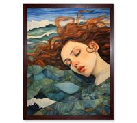 Artery8 Wall Art Print Dreaming of the Sea Woman Sleeping Egon Schiele Style Watercolour Painting Amber Blue Wave Patterns Art Framed Artery8 Brown W12" x H16"