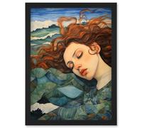 Wall Art Print Dreaming of the Sea Woman Sleeping Egon Schiele Style Watercolour Painting Amber Blue Wave Patterns Artwork Framed A4 Artery8 Black A4