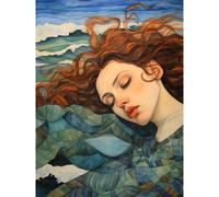 Artery8 Wall Art Print Dreaming of the Sea Woman Sleeping Egon Schiele Style Watercolour Painting Amber Blue Wave Patterns Poster | Size: W24" x H32" Artery8 Blue W24" x H32"