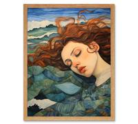 Artery8 Wall Art Print Dreaming of the Sea Woman Sleeping Egon Schiele Style Watercolour Painting Amber Blue Wave Patterns Art Framed Artery8 Light Oak W12" x H16"