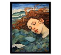 Artery8 Wall Art Print Dreaming of the Sea Woman Sleeping Egon Schiele Style Watercolour Painting Amber Blue Wave Patterns Art Framed Artery8 Black W12" x H16"