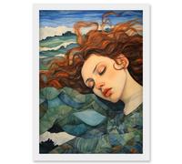 Artery8 Wall Art Print Dreaming of the Sea Woman Sleeping Egon Schiele Style Watercolour Painting Amber Blue Wave Patterns Artwork Framed A4 in White Artery8 White A4