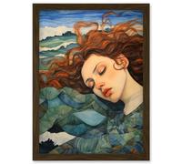 Wall Art Print Dreaming of the Sea Woman Sleeping Egon Schiele Style Watercolour Painting Amber Blue Wave Patterns Artwork Framed A4 Artery8 Brown A4