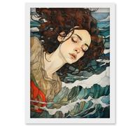Artery8 Wall Art Print Dreaming of the Sea Woman Sleeping Egon Schiele Style Watercolour Painting Red Brown Blue Carried by Waves Artwork Framed A4 Artery8 White A4