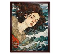 Artery8 Wall Art Print Dreaming of the Sea Woman Sleeping Egon Schiele Style Watercolour Painting Red Brown Blue Carried by Waves Art Framed Artery8 Brown W12" x H16"