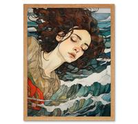 Artery8 Wall Art Print Dreaming of the Sea Woman Sleeping Egon Schiele Style Watercolour Painting Red Brown Blue Carried by Waves Art Framed Artery8 Light Oak W12" x H16"