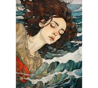 Artery8 Wall Art Print Dreaming of the Sea Woman Sleeping Egon Schiele Style Watercolour Painting Red Brown Blue Carried by Waves Poster Artery8 Blue W18" x H24"