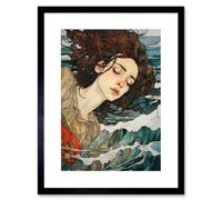 Artery8 Wall Art Print Dreaming of the Sea Woman Sleeping Egon Schiele Style Watercolour Painting Red Brown Blue Carried by Waves Artwork Framed 9X7 Artery8 Black W7" x H9"