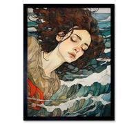 Artery8 Wall Art Print Dreaming of the Sea Woman Sleeping Egon Schiele Style Watercolour Painting Red Brown Blue Carried by Waves Art Framed Artery8 Black W12" x H16"