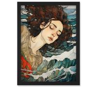 Artery8 Wall Art Print Dreaming of the Sea Woman Sleeping Egon Schiele Style Watercolour Painting Red Brown Blue Carried by Waves Artwork Framed A4 Artery8 Black A4