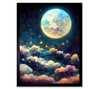 Artery8 Wall Art Print Dreamy Night Sky Moon Stars Colourful Clouds Kids Cute Art Framed in Black | Size: W12" x H16" Artery8 Black W12" x H16"