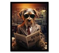 Artery8 Wall Art Print Dressed To Impress Terrier Dog In Sunglasses Reading Newspaper In Coffee Shop Cafe Fun Art Framed in Black | Size: W12" x H16" Artery8 Black W12" x H16"