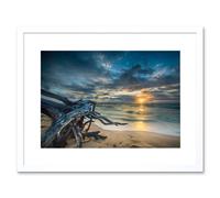 Artery8 Wall Art Print Driftwood Beach Sunset Ocean Framed in White | Size: W7" x H9" Artery8 White W7" x H9"