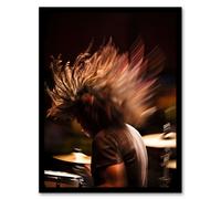 Artery8 Wall Art Print Drummer Action Photograph Mid-Performance Hard Rock Drums Music Gig Musician Art Framed in Brown | Size: W12" x H16" Artery8 Brown W12" x H16"