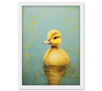 Artery8 Duckling on the Water Oil Painting Yellow and Duck Egg Blue Baby Artwork Framed Wall Art Print A4