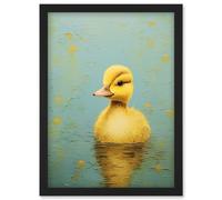 Artery8 Duckling on the Water Oil Painting Yellow and Duck Egg Blue Baby Artwork Framed Wall Art Print A4