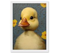Artery8 Wall Art Print Duckling with Flowers Oil Painting Kids Bedroom Baby Nursery Duck Artwork Framed A4 in White Artery8 White A4