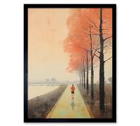 Artery8 Wall Art Print Early Morning Jogging Pastel Colour Oil Painting Jogger on Lakeside Pink Tree Trail Countryside Landscape Art Framed Artery8 Black W12" x H16"