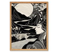 Artery8 Wall Art Print Earth Goddess River Mountain Landscape Linocut Art Framed in Light Oak | Size: W12" x H16" Artery8 Light Oak W12" x H16"