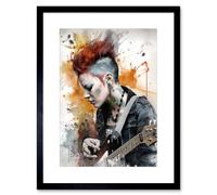 Artery8 Wall Art Print Edgy Young Punk Woman with Mohawk & Electric Guitar Modern Watercolour Painting Artwork Framed 9X7 Inch | Size: W7" x H9" Artery8 Black W7" x H9"